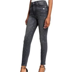 Alice + Olivia Good High-rise Embellished Ankle Skinny Jeans Black Magic - SZ 29